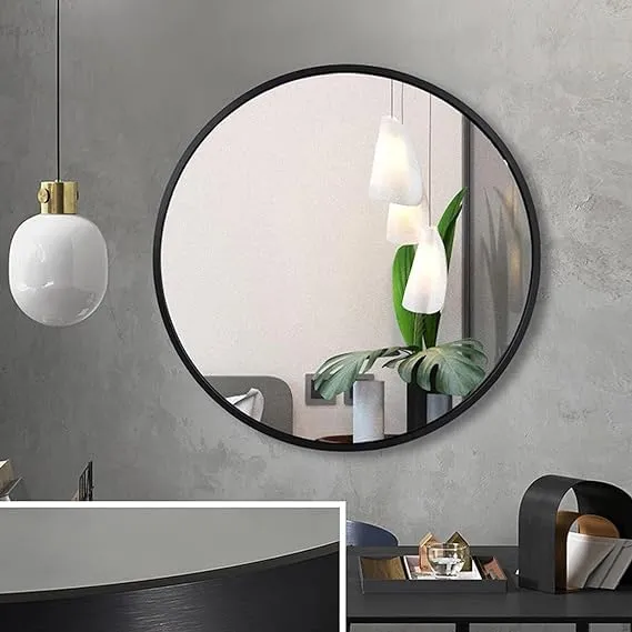 HM Home Decor Round Wall Mirror I Metal Frame I Modern Design Metal Frame I Bathroom Wash Basin, Bedroom, Drawing Room (Black Framed | Many Size) (24")