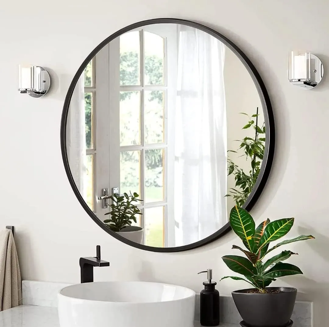 HM Home Decor Round Wall Mirror I Metal Frame I Modern Design Metal Frame I Bathroom Wash Basin, Bedroom, Drawing Room (Black Framed | Many Size) (24")