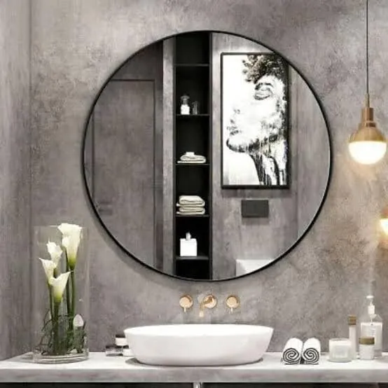 HM Home Decor Round Wall Mirror I Metal Frame I Modern Design Metal Frame I Bathroom Wash Basin, Bedroom, Drawing Room (Black Framed | Many Size) (24")