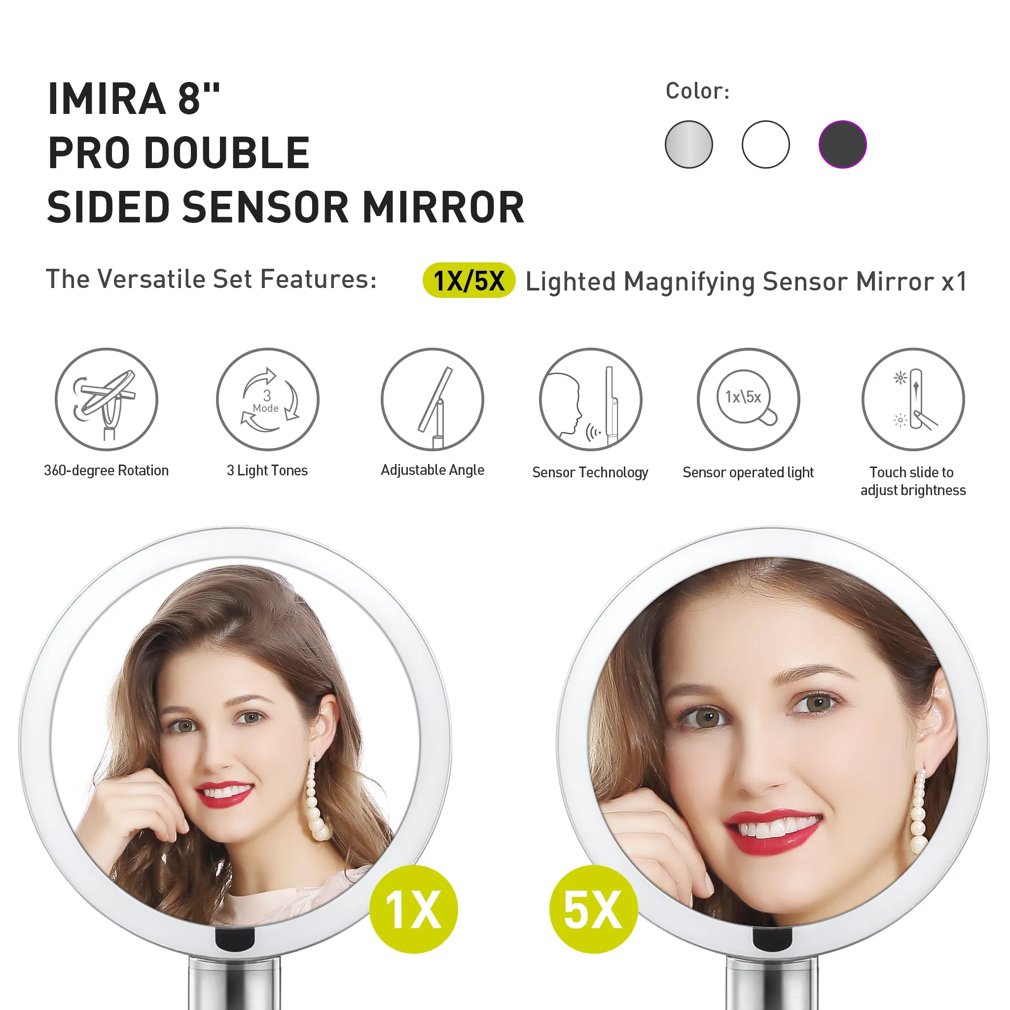 iMira Pro 8"  1X/5X Double Sided Sensor Mirror - Dark Gray