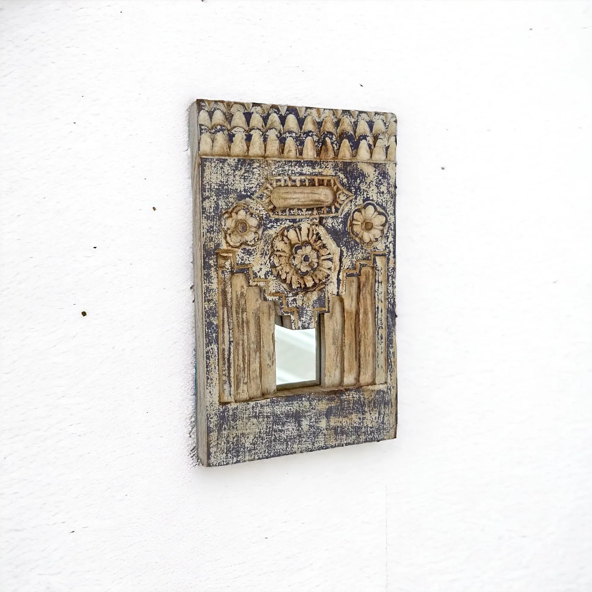 Infinite Art Antique Wooden Hand Carved Small Wall Decorative Temple Mirror Frame Wall Hanging Mirror Frame Handmade Traditional Mirror Frame (Blue & White Wash)