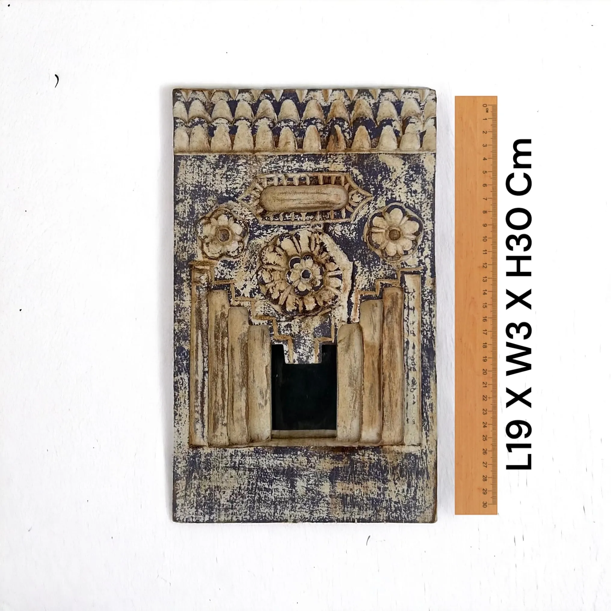Infinite Art Antique Wooden Hand Carved Small Wall Decorative Temple Mirror Frame Wall Hanging Mirror Frame Handmade Traditional Mirror Frame (Blue & White Wash)
