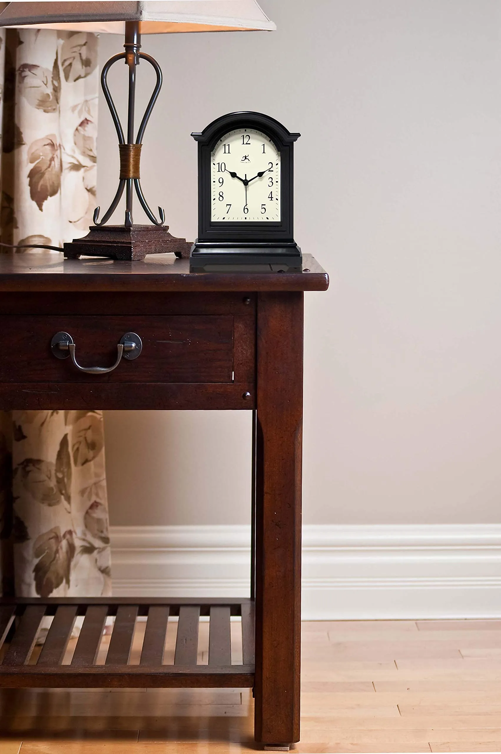 Infinity Instruments Miniature Grandfather Clock for Mantle, Vintage Tabletop Clock with Antique Design, 9"x6", Black