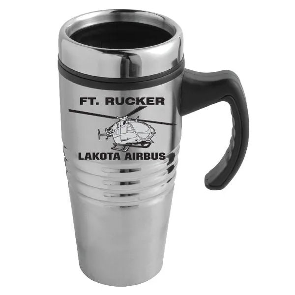Lakota Airbus with Fort Rucker in Black Imprint on Stainless Tumbler with a Handle