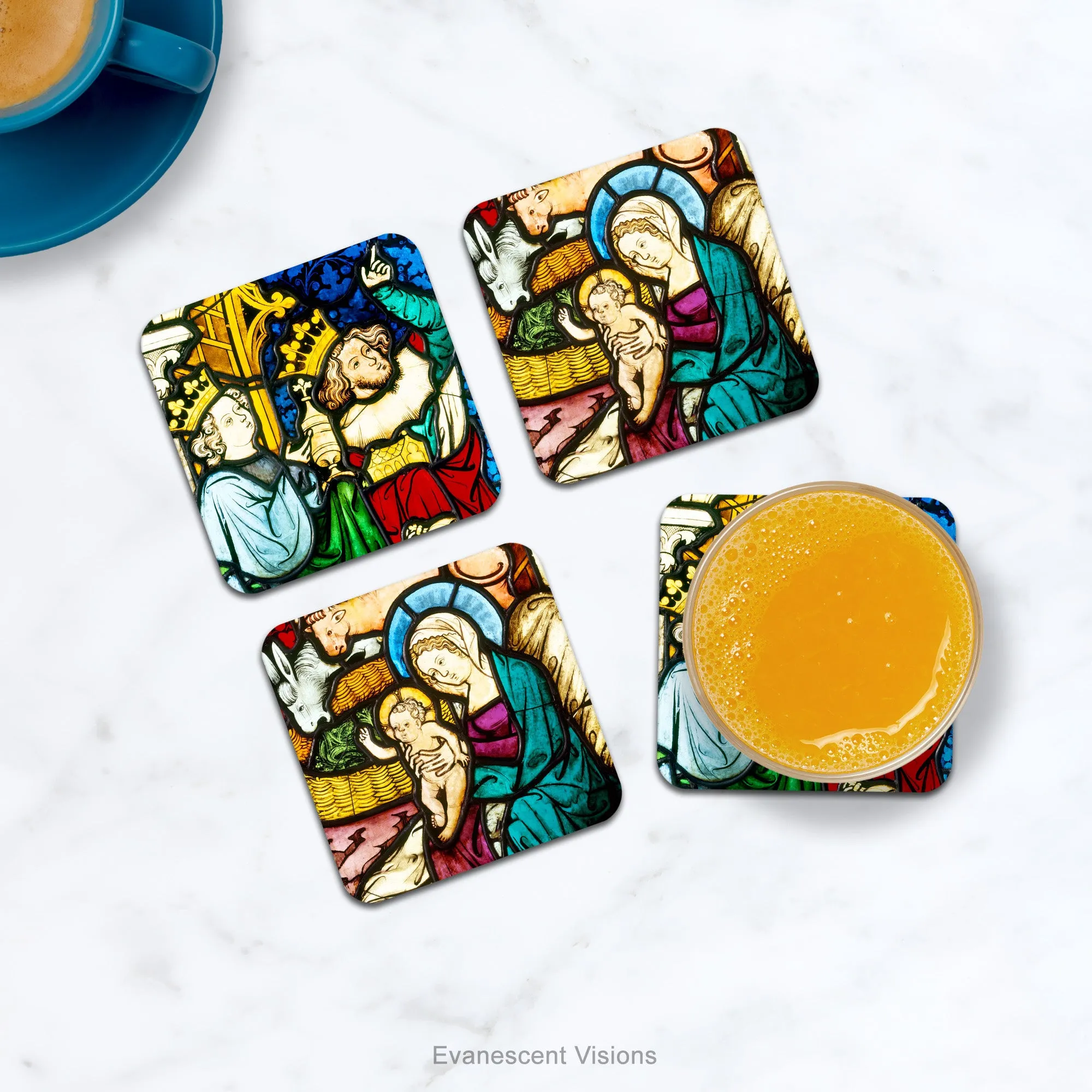 Medieval Nativity Art Christmas Coasters, Set of 4
