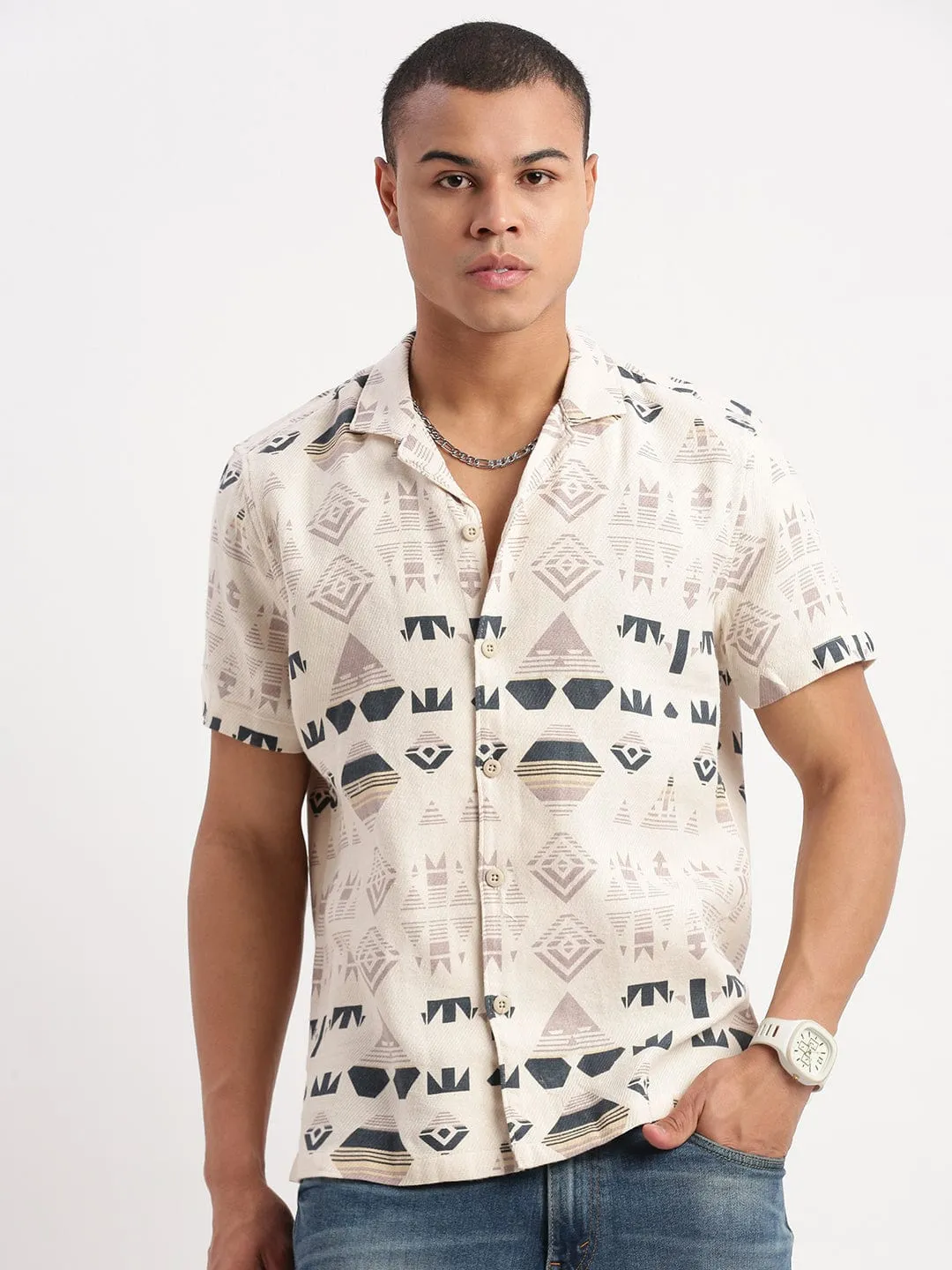Men Cuban Collar Geometric Cream Casual Shirt