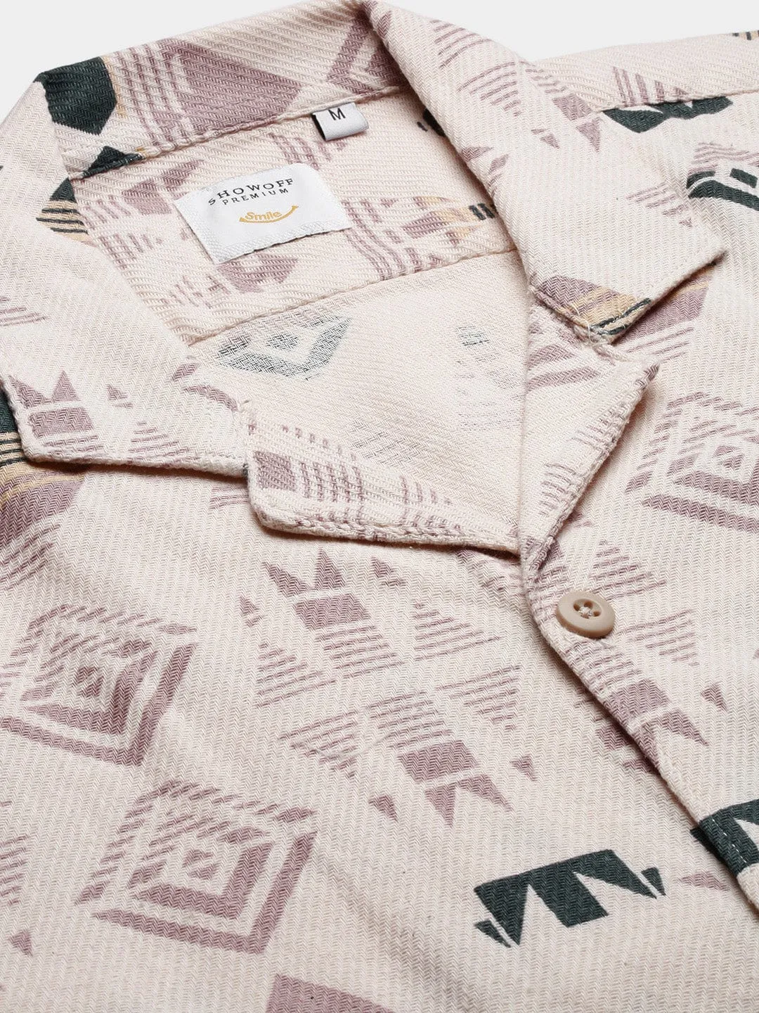 Men Cuban Collar Geometric Cream Casual Shirt
