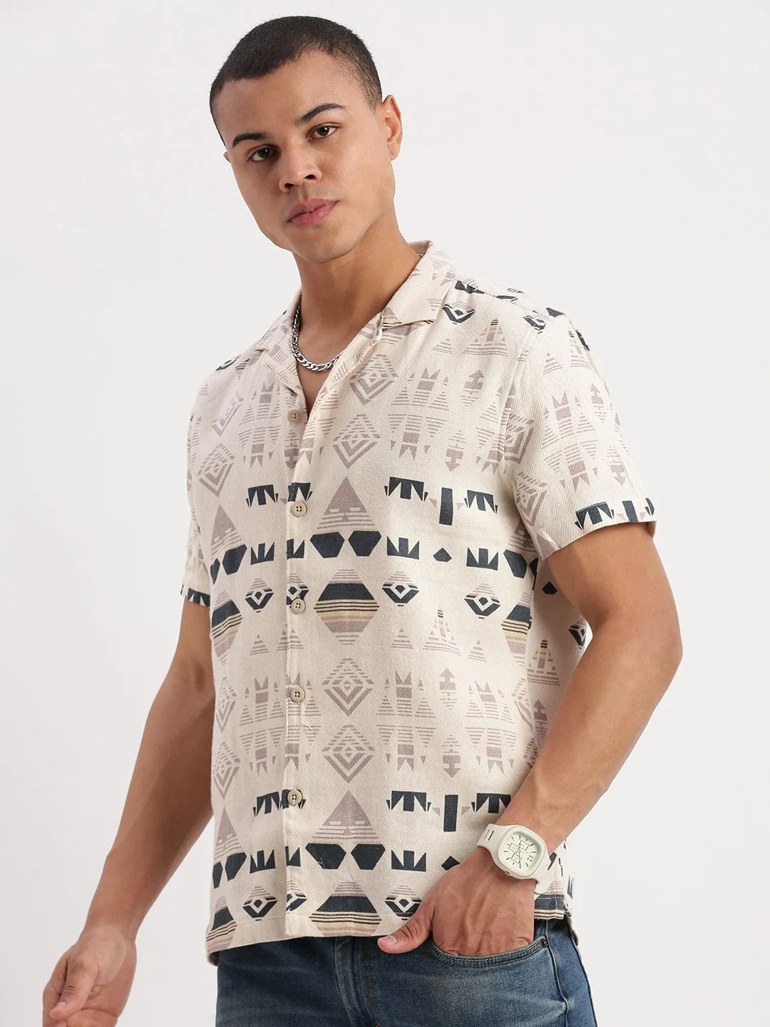 Men Cuban Collar Geometric Cream Casual Shirt