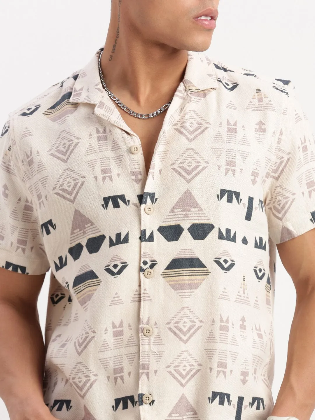 Men Cuban Collar Geometric Cream Casual Shirt