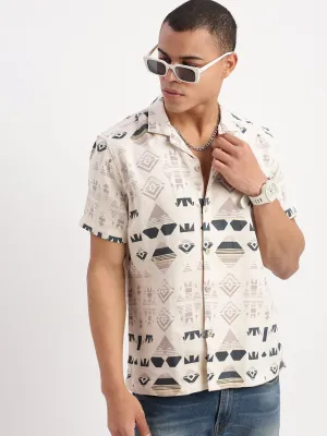 Men Cuban Collar Geometric Cream Casual Shirt