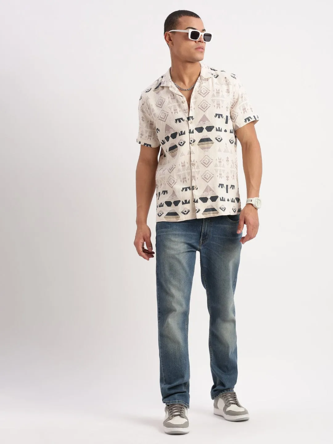 Men Cuban Collar Geometric Cream Casual Shirt