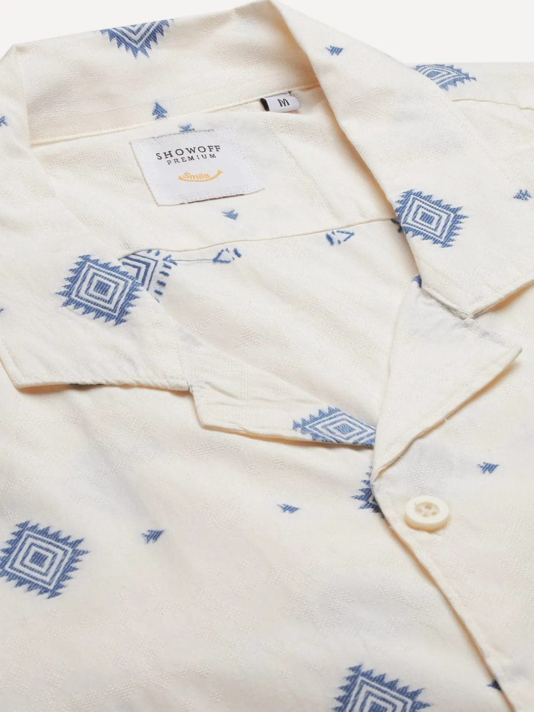Men Cuban Collar Geometric Cream Shirt