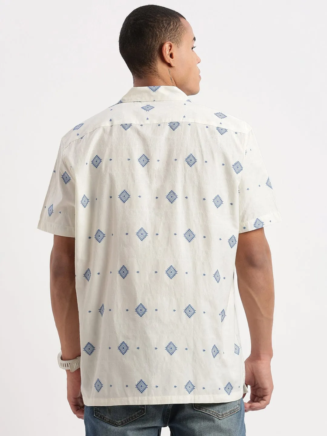 Men Cuban Collar Geometric Cream Shirt