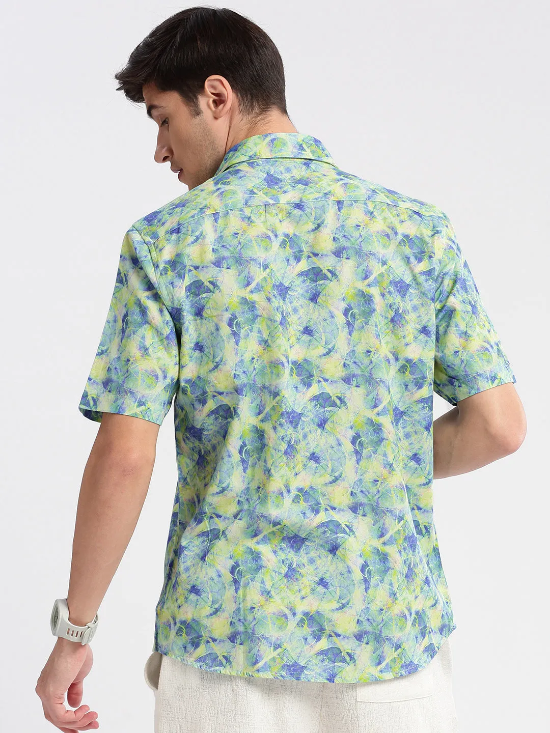 Men Green Smart Slim Fit Abstract Printed Twill Weave Cotton Casual Shirt