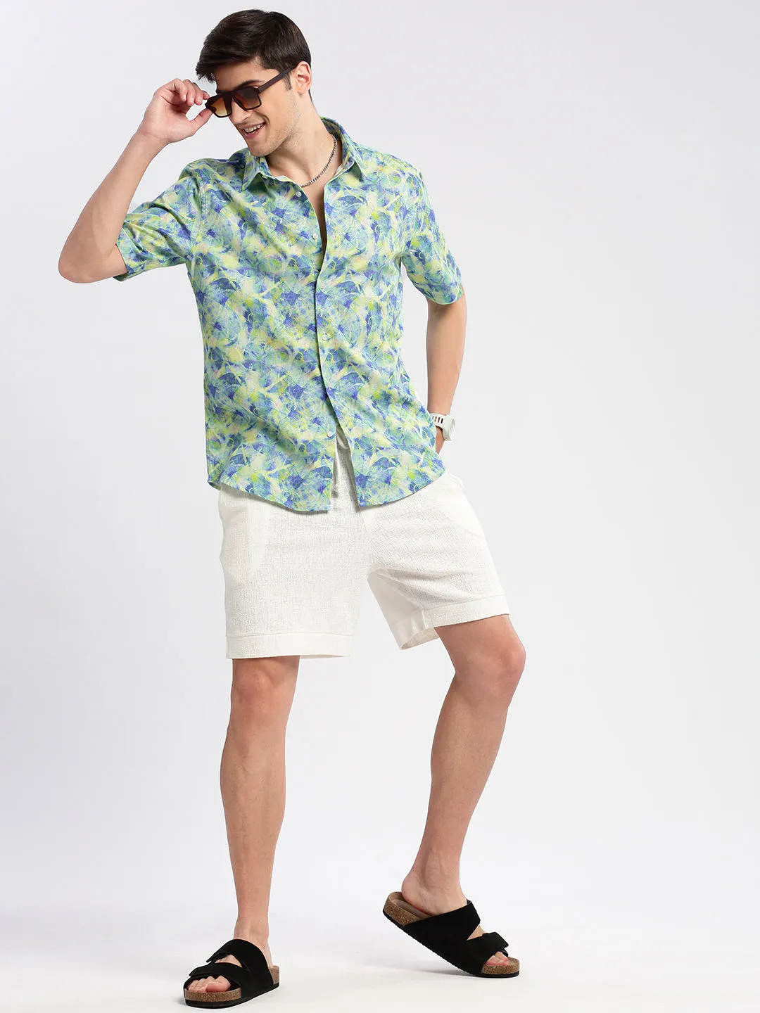 Men Green Smart Slim Fit Abstract Printed Twill Weave Cotton Casual Shirt