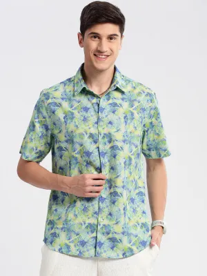 Men Green Smart Slim Fit Abstract Printed Twill Weave Cotton Casual Shirt