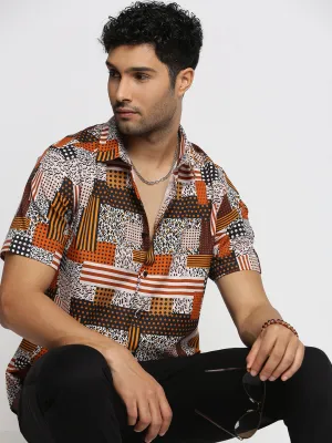 Men Rust Smart Slim Fit Geometric Printed Weave Cotton Casual Shirt