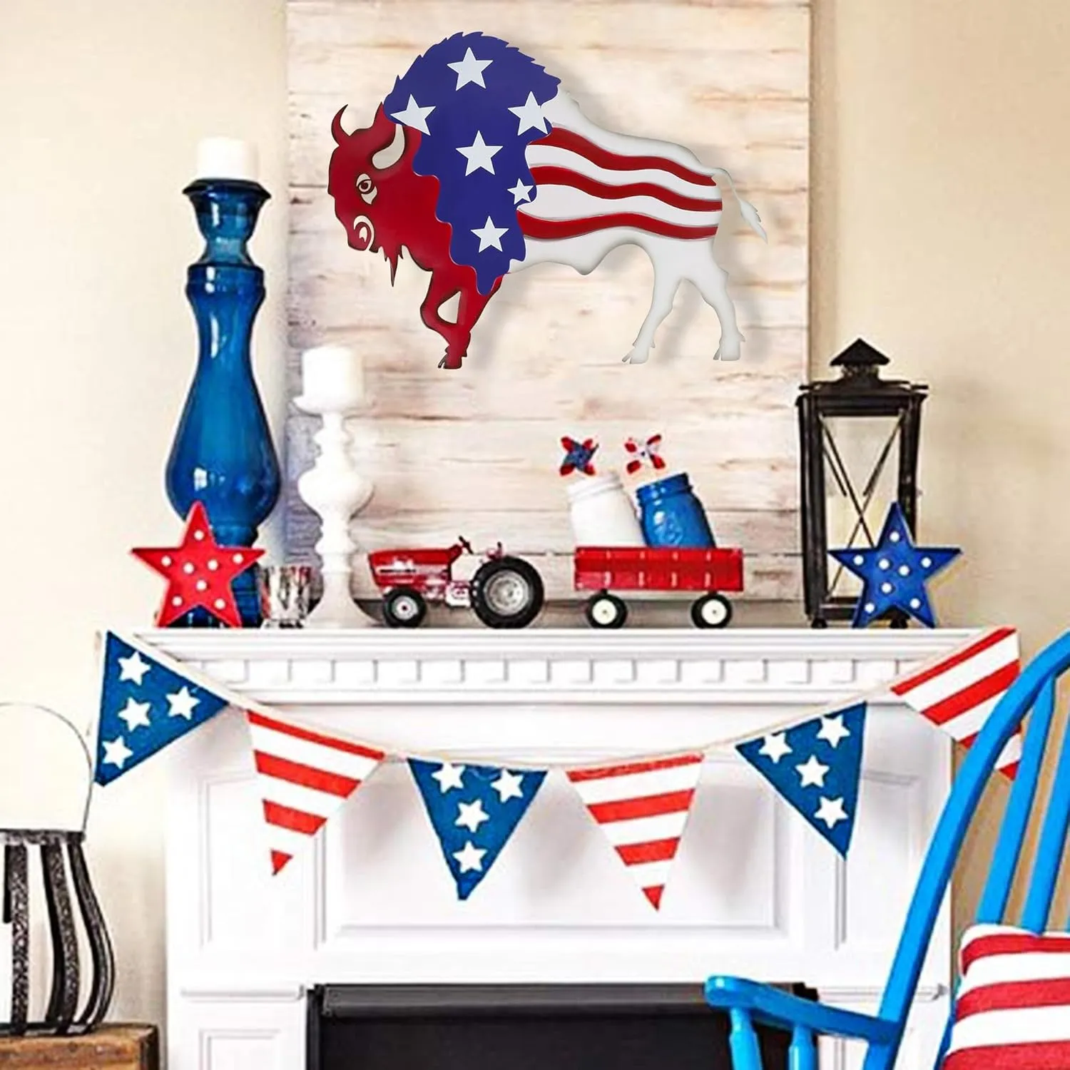 Metal Wall Art, Veterans Day Patriotic Hanging Sculpture, Large Handmade Centerpiece Independence Day 4th of July Decoration, 3 Pcs