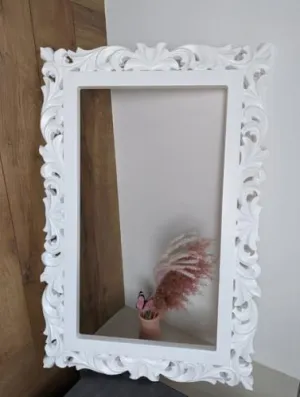MineMeDeskCo Handcrafted Wooden Carved Wall Mirror Frame, Solid Wood with White Distress Finish | 4x2.5 Ft | Mirror Not Included | Vintage Rustic Design | Artisanal Home Decor | Elegant Classic Frame
