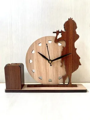 MYESHOP Retail® Fancy Looking Wooden Table Clock & Holder with Krishna Design and Pen Holder.