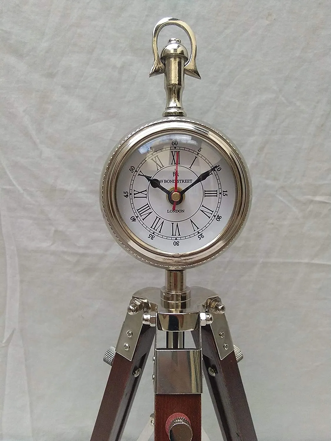 mz Enterprises Wooden Tripod Table Stand Clock Steel Finish Antique Look Stylish Roman Clock for Home Living Room