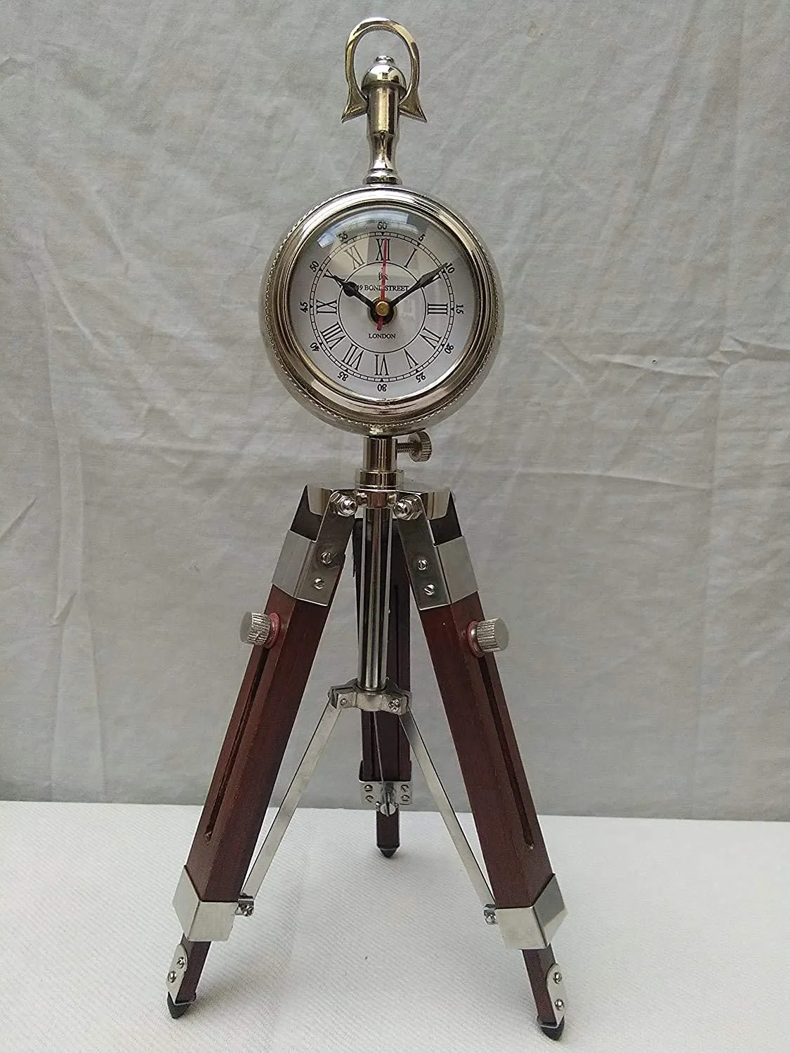 mz Enterprises Wooden Tripod Table Stand Clock Steel Finish Antique Look Stylish Roman Clock for Home Living Room