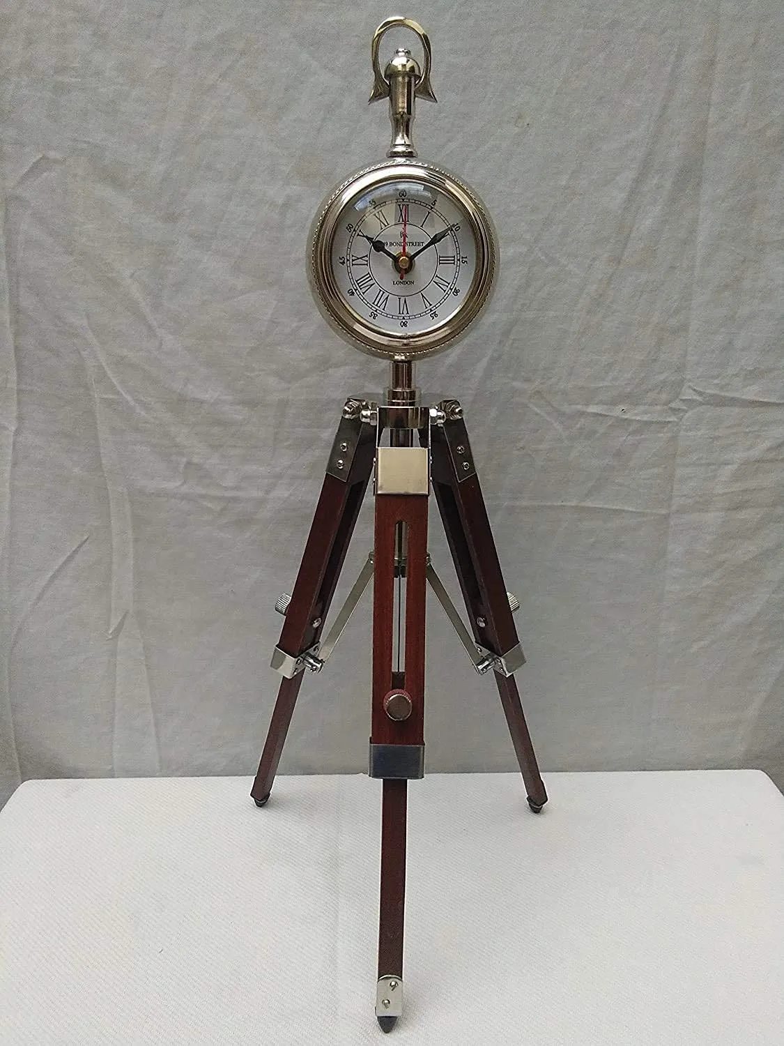 mz Enterprises Wooden Tripod Table Stand Clock Steel Finish Antique Look Stylish Roman Clock for Home Living Room