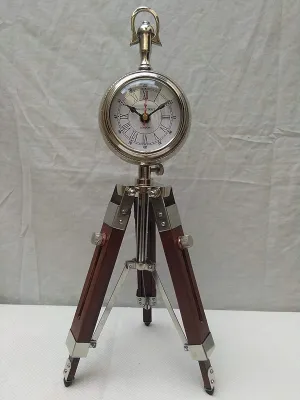 mz Enterprises Wooden Tripod Table Stand Clock Steel Finish Antique Look Stylish Roman Clock for Home Living Room