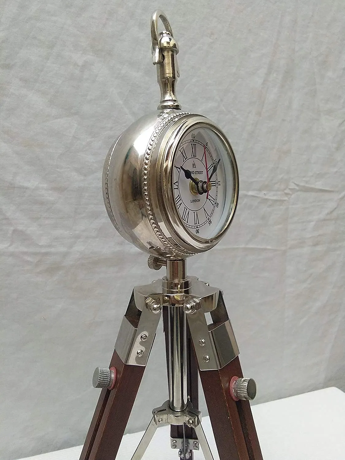 mz Enterprises Wooden Tripod Table Stand Clock Steel Finish Antique Look Stylish Roman Clock for Home Living Room