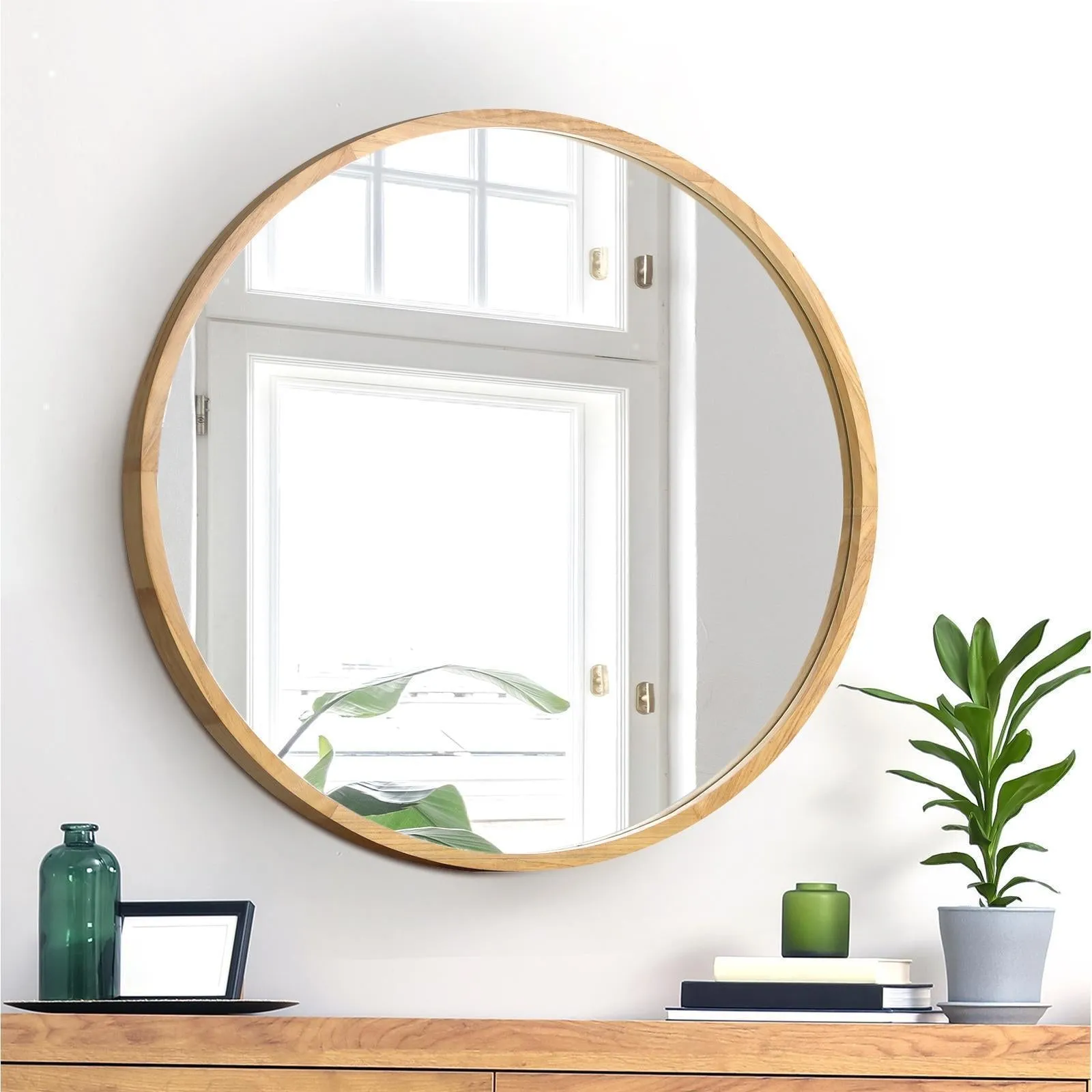 Oikiture 60cm Wall Mirrors Round Makeup Mirror Home Decro Wooden Dining Room