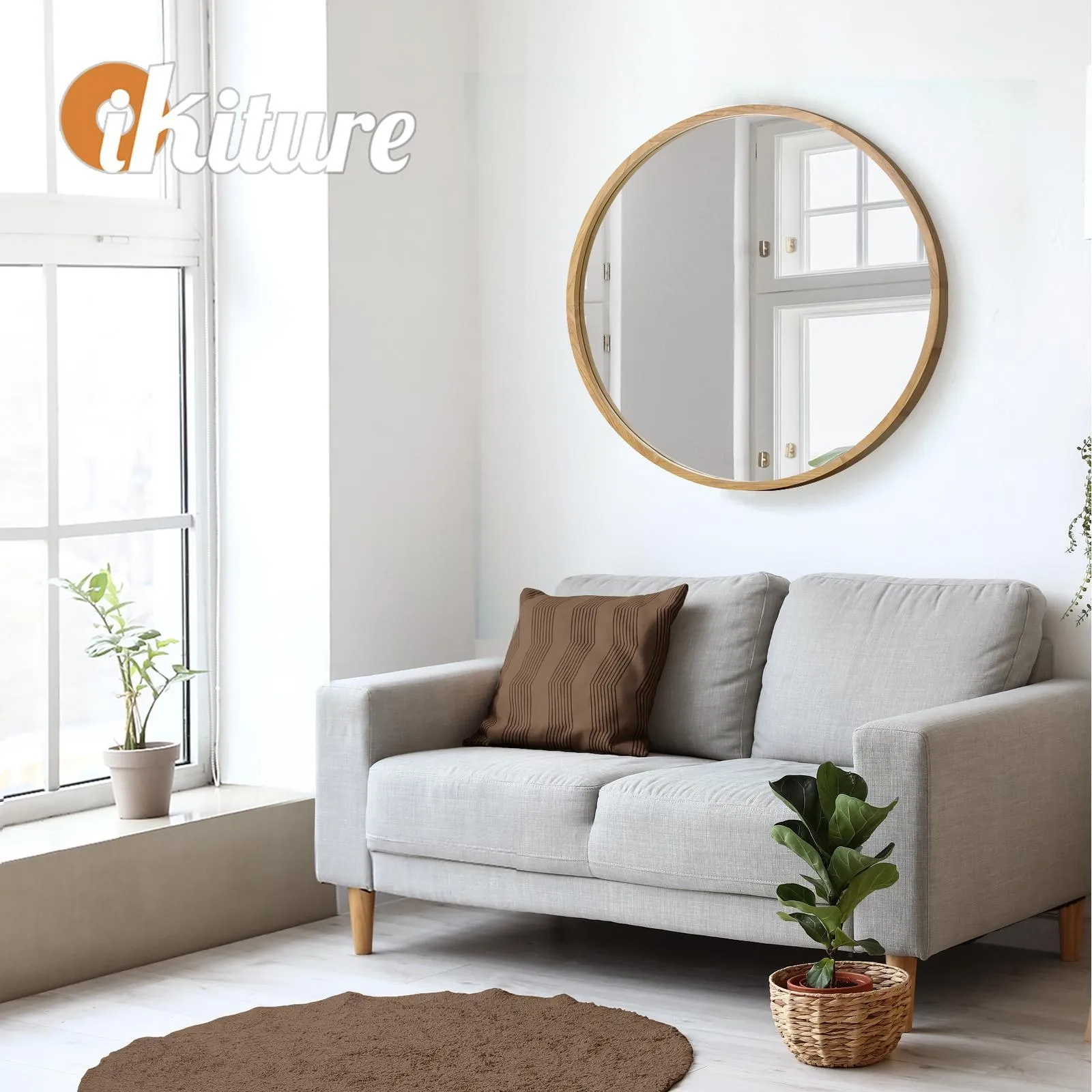 Oikiture 60cm Wall Mirrors Round Makeup Mirror Home Decro Wooden Dining Room