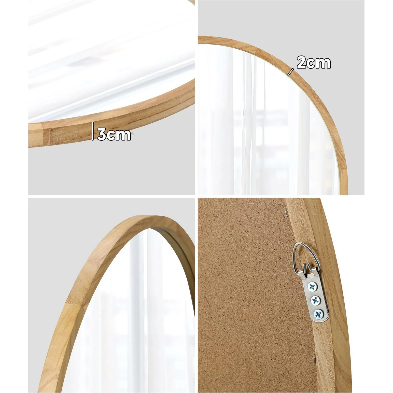 Oikiture 60cm Wall Mirrors Round Makeup Mirror Home Decro Wooden Dining Room
