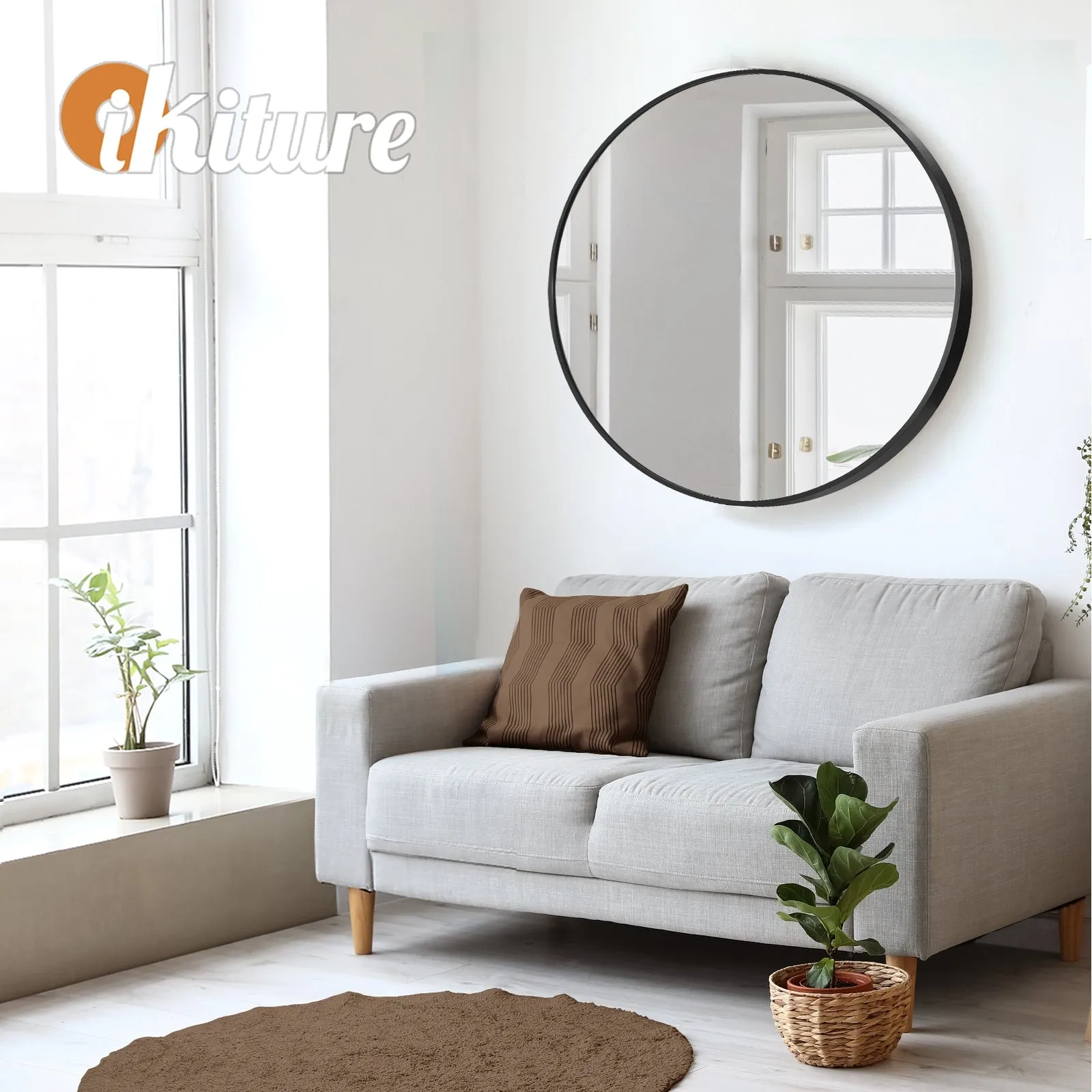 Oikiture Wall Mirrors Round 70cm Makeup Mirror Vanity Home Decro Black Bathroom