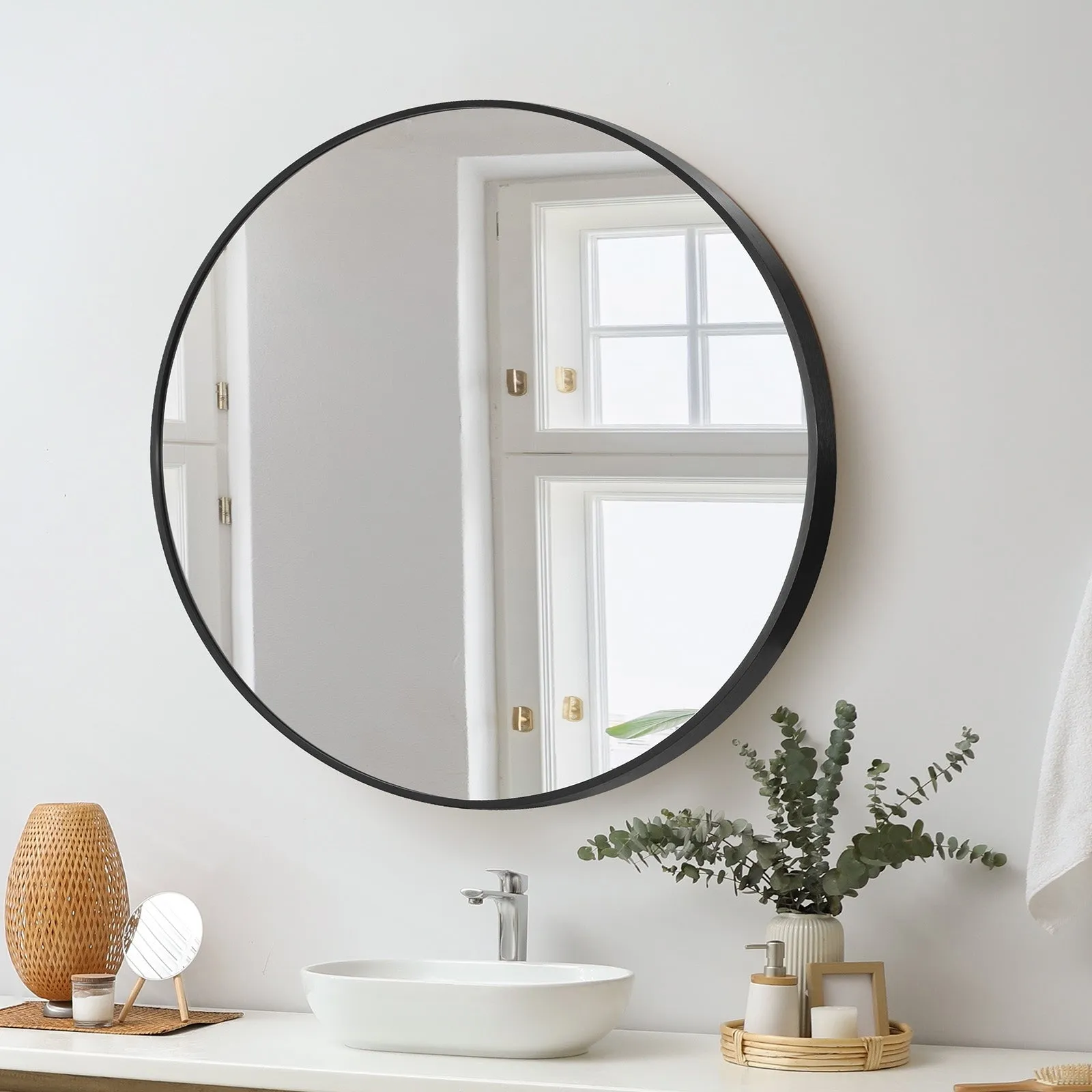 Oikiture Wall Mirrors Round 70cm Makeup Mirror Vanity Home Decro Black Bathroom