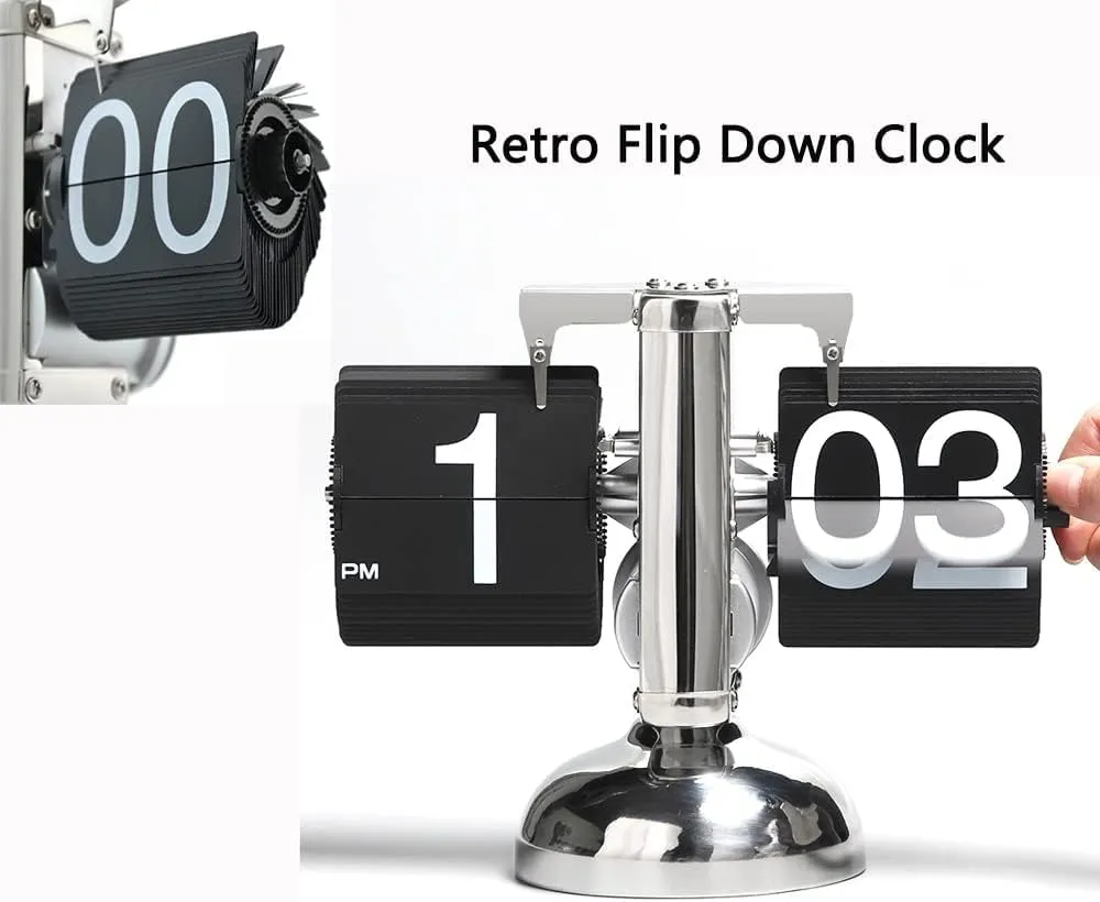 Ostin Flipping Out Text Wall and Tabletop Flip Clock, Black and White, Battery Operated Digital Display, Vintage Modern Auto Flip Style Scale Design Single Stand Metal Desk Clock