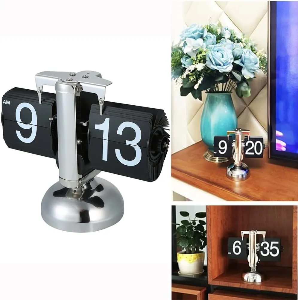 Ostin Flipping Out Text Wall and Tabletop Flip Clock, Black and White, Battery Operated Digital Display, Vintage Modern Auto Flip Style Scale Design Single Stand Metal Desk Clock