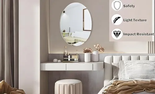 POPLEY Oval Shape Adhesive Mirror Sticker for Wall On Tiles Bathroom Bedroom Living Room Basin Mirror Bathroom Wall Mirror Stickers Unbreakable Plastic Mirror for Wall 30 * 20 (Pack of 1),Silver