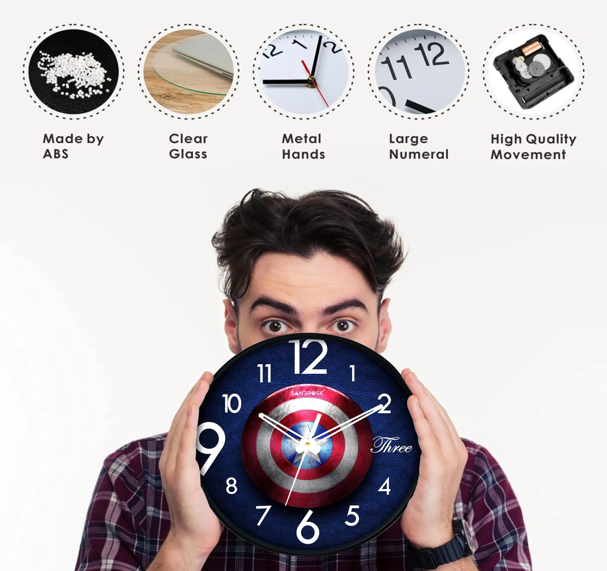 SANDROSE Round Plastic Wall Clock with Plastic and Glass for Home Living Room Kids Bedroom -10 inches (Avenger Design)