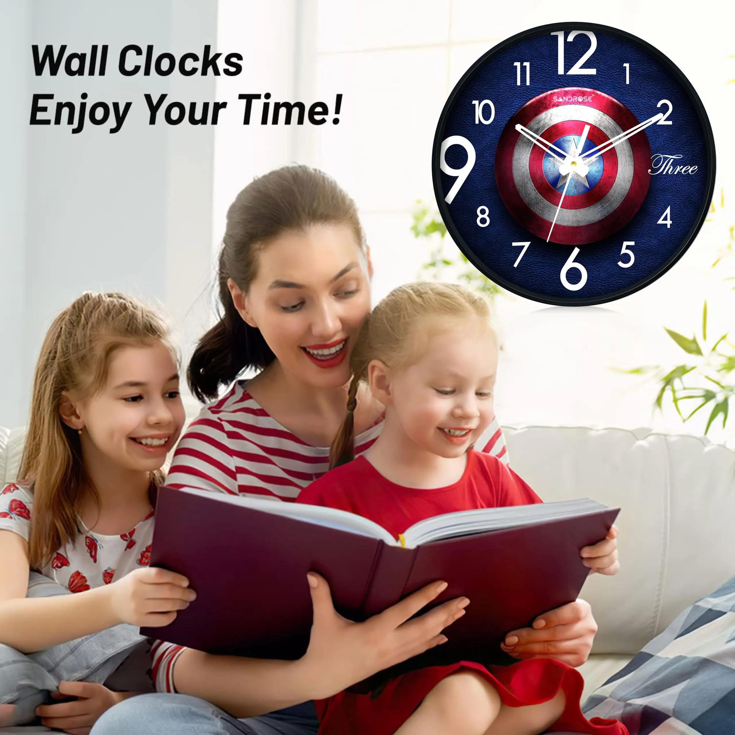 SANDROSE Round Plastic Wall Clock with Plastic and Glass for Home Living Room Kids Bedroom -10 inches (Avenger Design)
