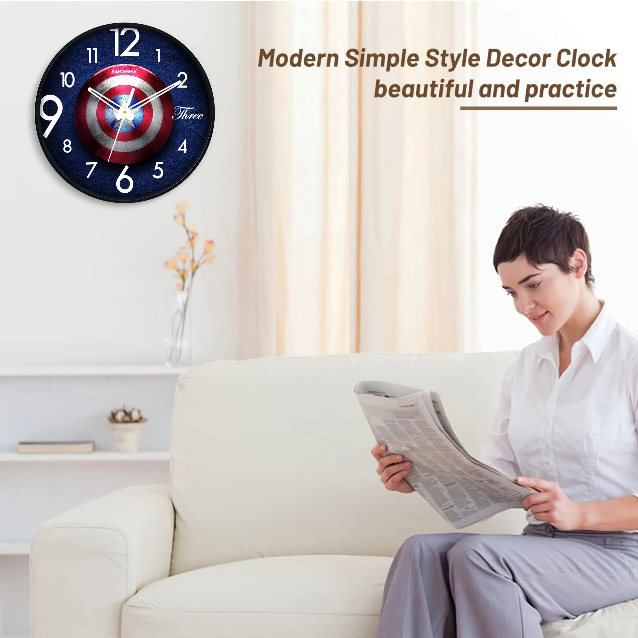 SANDROSE Round Plastic Wall Clock with Plastic and Glass for Home Living Room Kids Bedroom -10 inches (Avenger Design)