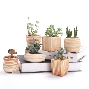 Set of 6 Ceramic Wooden Pattern Flower Planter