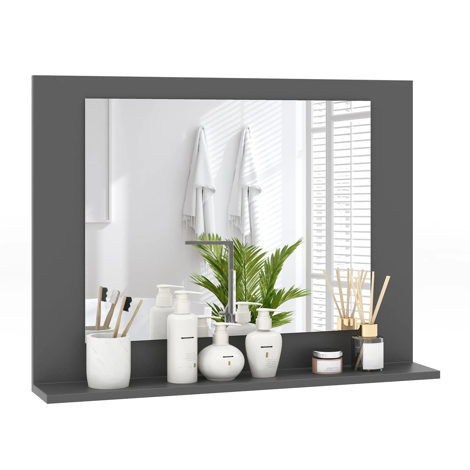 Tangkula Bathroom Mirror with Shelf, 23.5" x 17.5" Rectangle Wood Frame Bathroom Vanity Mirror for over Sink