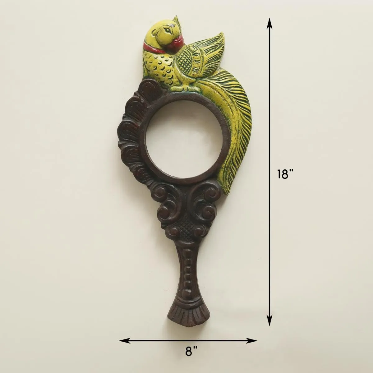 Tarang Arts Vaagai Wooden Hand-Painted Parrot Mirror | Traditional Indian Art | Home Decor, Showpiece, Wall Hanging Mirror, Office Space Living Room, Gift (18x8x2 Inches)