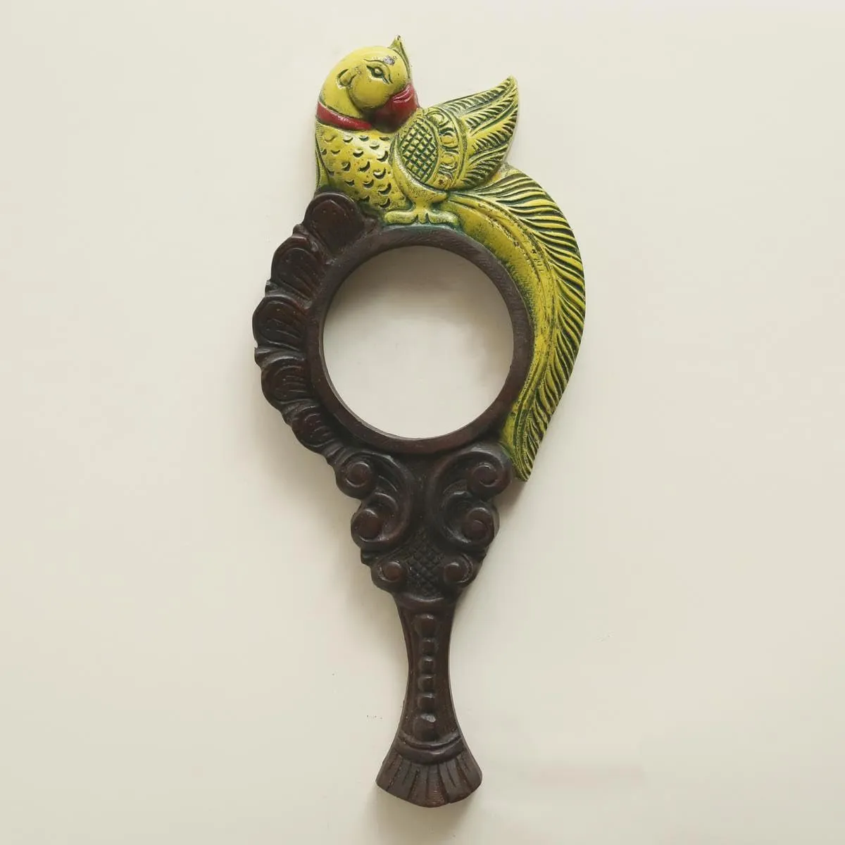 Tarang Arts Vaagai Wooden Hand-Painted Parrot Mirror | Traditional Indian Art | Home Decor, Showpiece, Wall Hanging Mirror, Office Space Living Room, Gift (18x8x2 Inches)