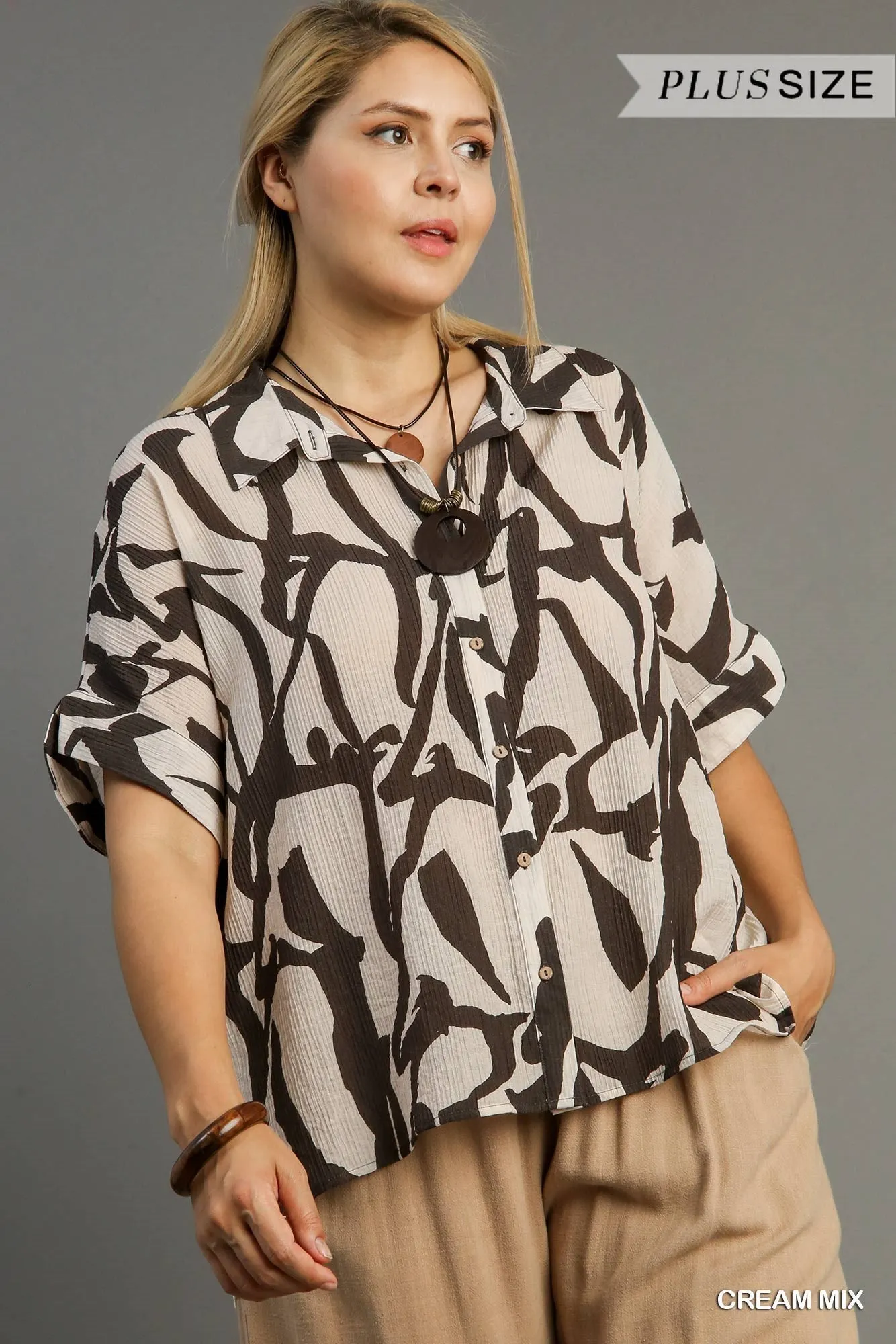 Umgee Cream Two Tone Abstract Print Button Down Shirt Plus