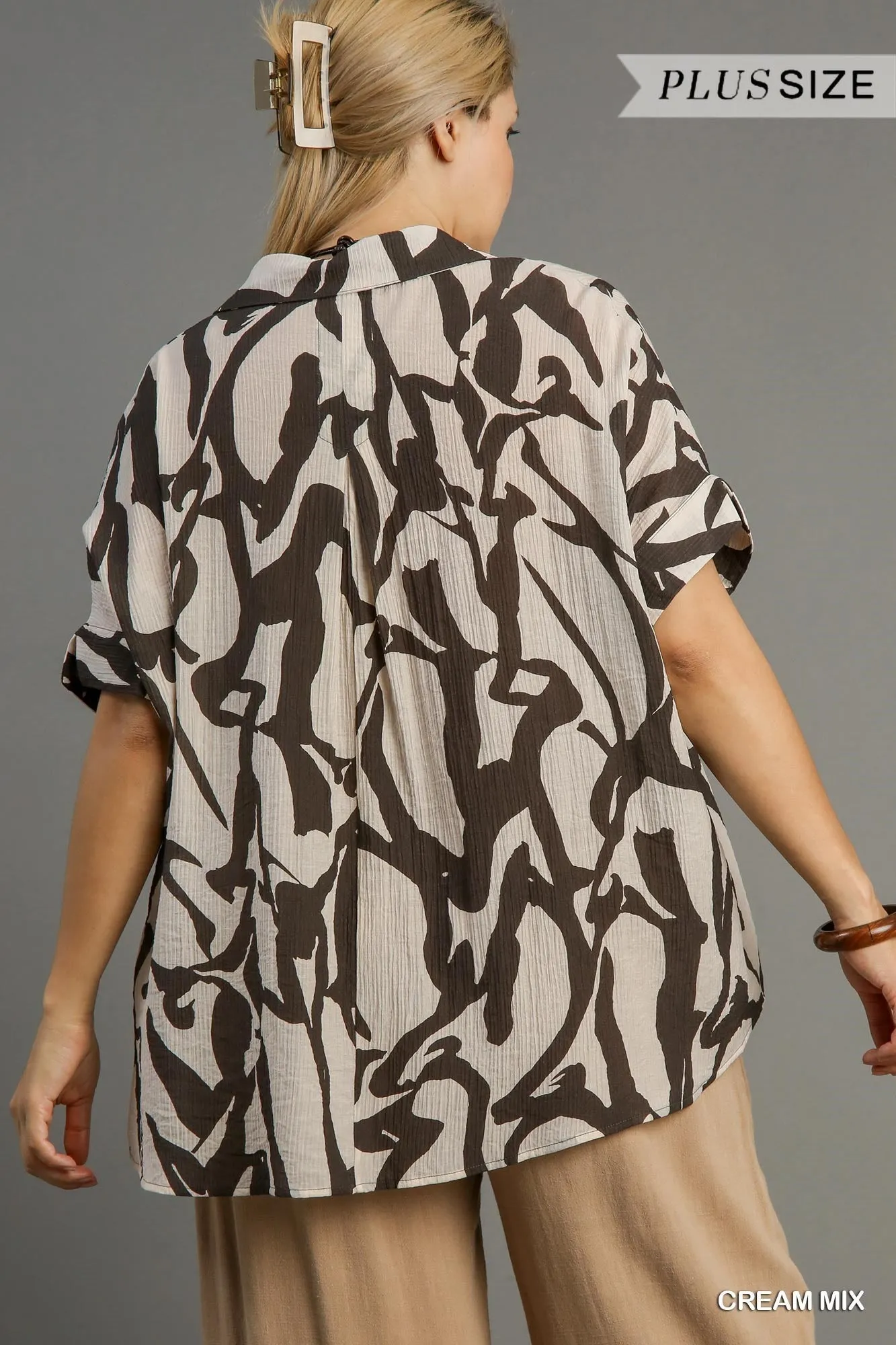 Umgee Cream Two Tone Abstract Print Button Down Shirt Plus