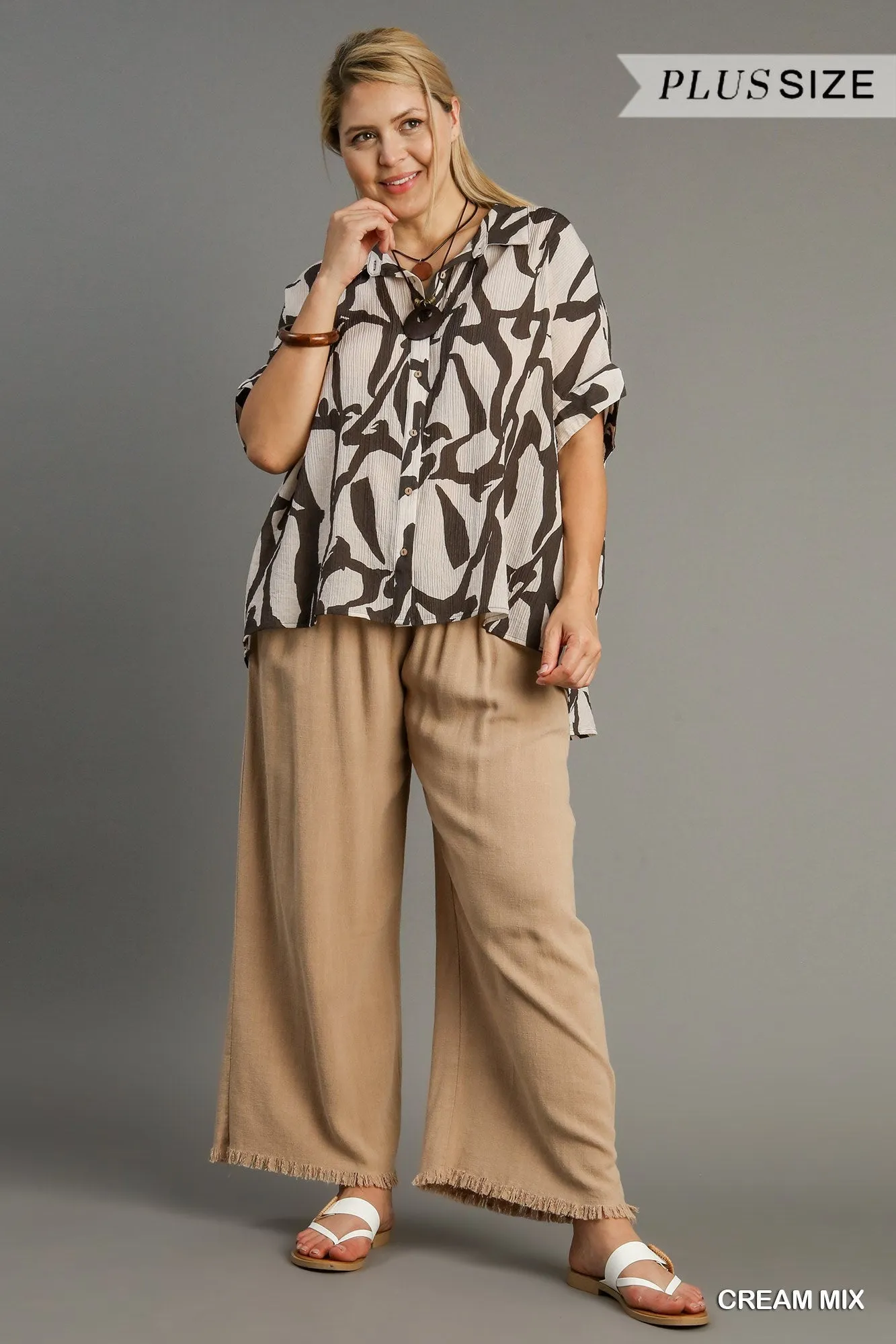 Umgee Cream Two Tone Abstract Print Button Down Shirt Plus