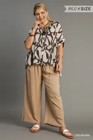 Umgee Cream Two Tone Abstract Print Button Down Shirt Plus