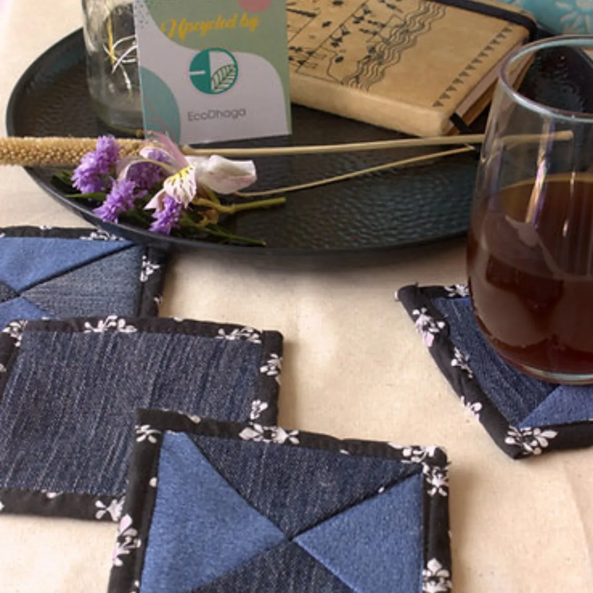 Upcycled Denim Coaster Set (x4)- Blue with Black Piping
