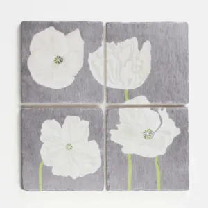 White Poppies on Grey Coaster Set of 4
